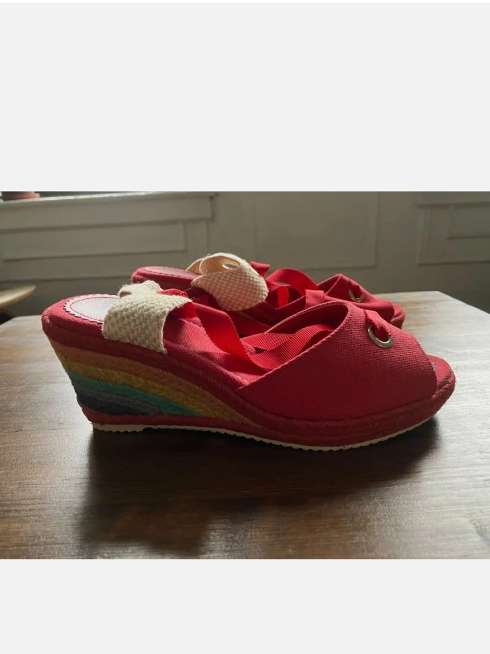 Red Ankle-Tie Wedge Sandals with Rainbow Espadrille